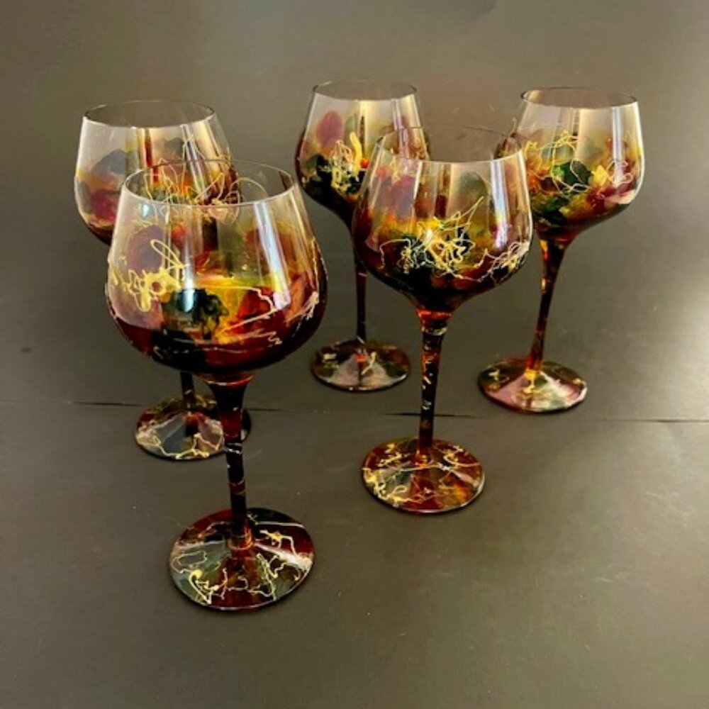 Set of 5 Vintage Romanian Art Crystal Wine Glasses, Handmade Multi-Colored